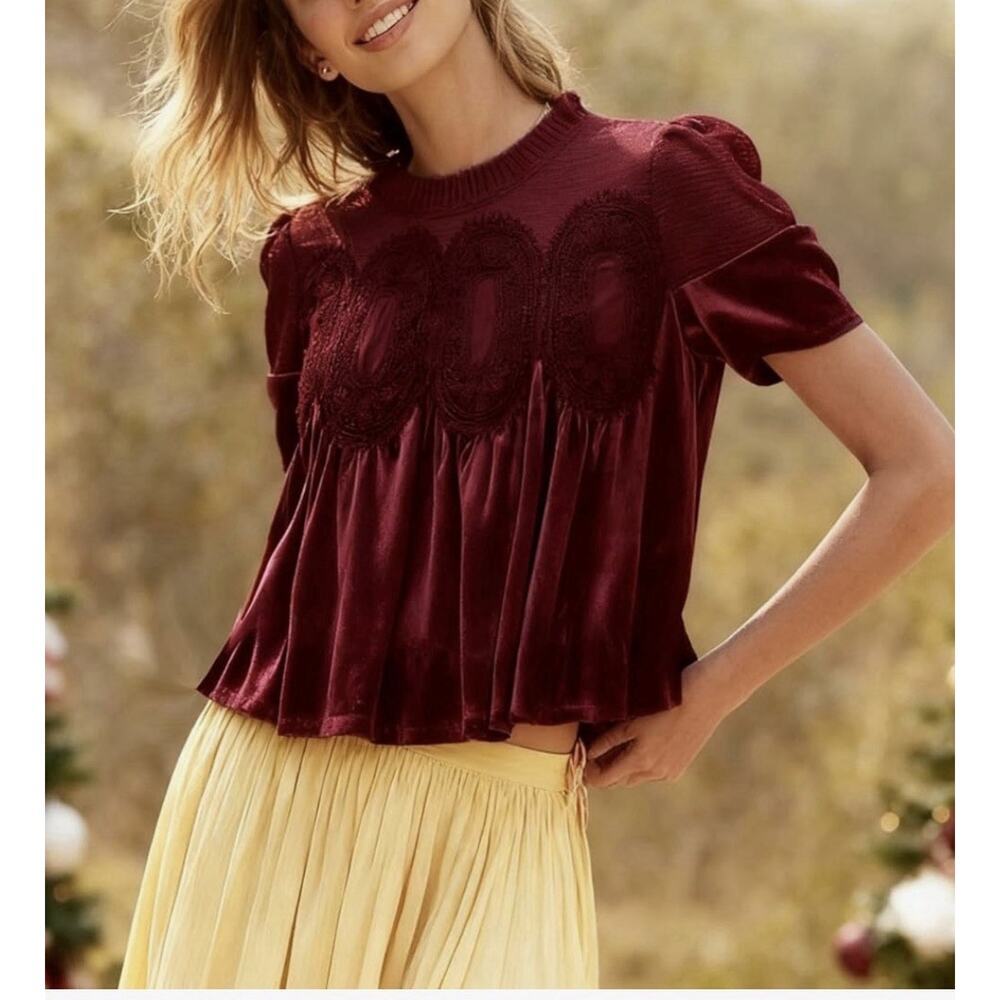 Free People Inspired Velvet Babydoll Lace Victorian Top In Burgundy Sz S - Picture 6 of 7